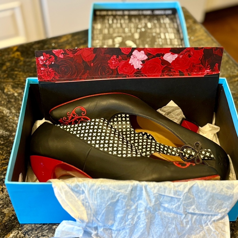 John Fluevog Black Heels with Red and White Accents - Picture 4 of 9